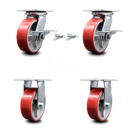 Service Caster 6 Inch Red Poly on Cast Iron Caster Brakes/Swivel Locks and 2 Rigid SCC, 2PK SCC-35S620-PUR-RS-SLB-BSL-2-R-2
